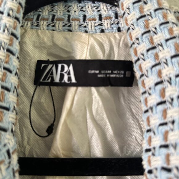 ZARA TWEED TEXTURED PLAID BLAZER DOUBLE BREASTED WHITE BLUE SIZE LARGE - Picture 5 of 5